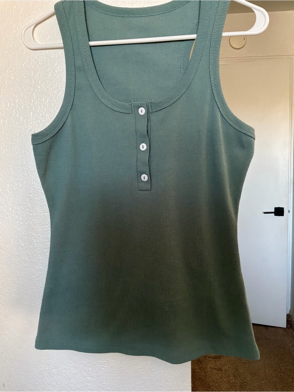 Sage Green Ribbed Henley Tank Top - Racerback Fitted Sleeveless Shirt